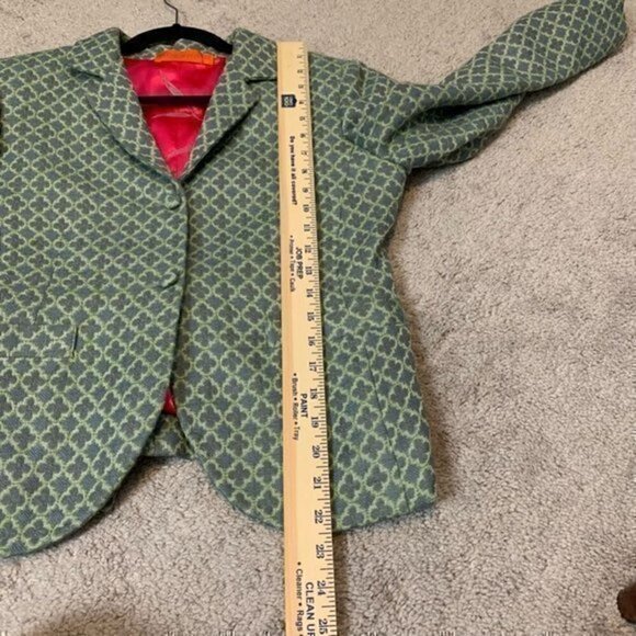 Moksha Womens Suit Jacket Blazer Green 100% Wool Geometric Pockets Long Sleeve M - Picture 7 of 11